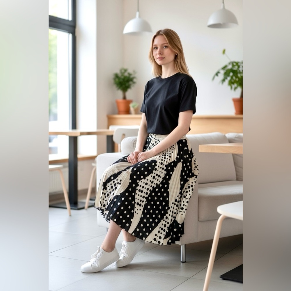 Tahari Black and Cream Polka Dot Midi Skirt - Picture 5 of 11